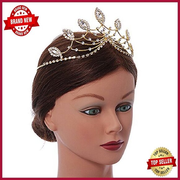 Gold Plated Crystal Leaf Tiara Headband Bridal Prom Wedding Accessory main image 6